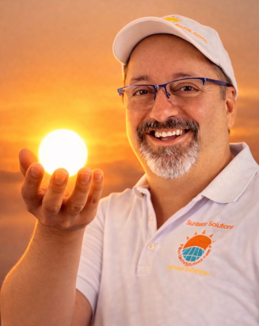 Man holding glowing sphere at sunset.
